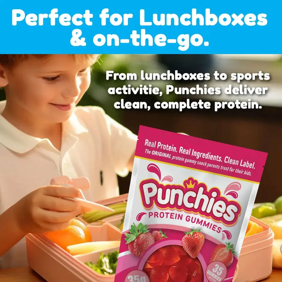 Immune support supplements: Punchies protein gummies packed for lunchboxes and on-the-go snacks