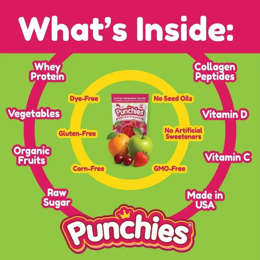 Immune support supplements: what is inside Punchies protein gummies: whey protein, collagen peptides, vitamin C and D, organic fruits and raw sugar